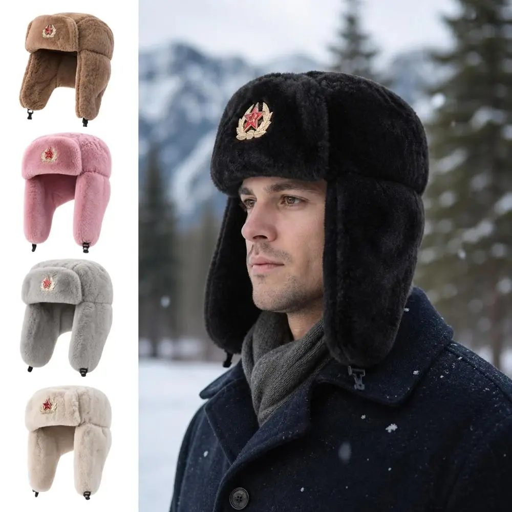 Thick Faux Fur Ushanka Hat Windproof Badge Detail Earflap Hat Thermal Insulation Ear Protection Snow Cap Winter Outdoor