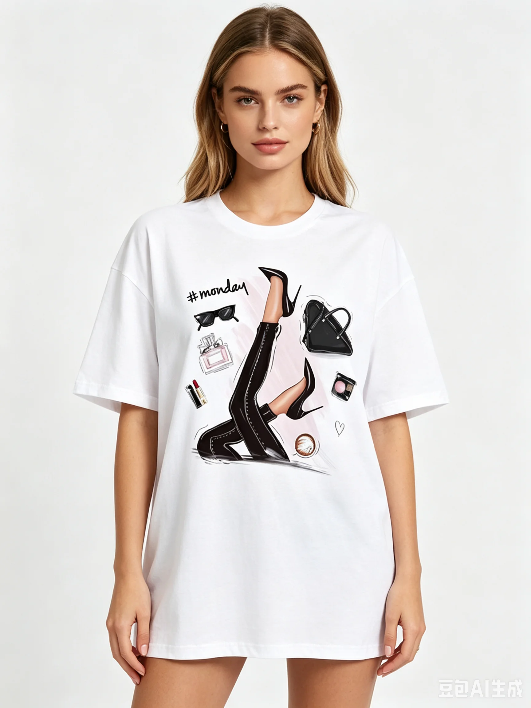 Monday Fashion Print Women White Crew Neck T Shirt Casual Short Sleeve Streetwear Top