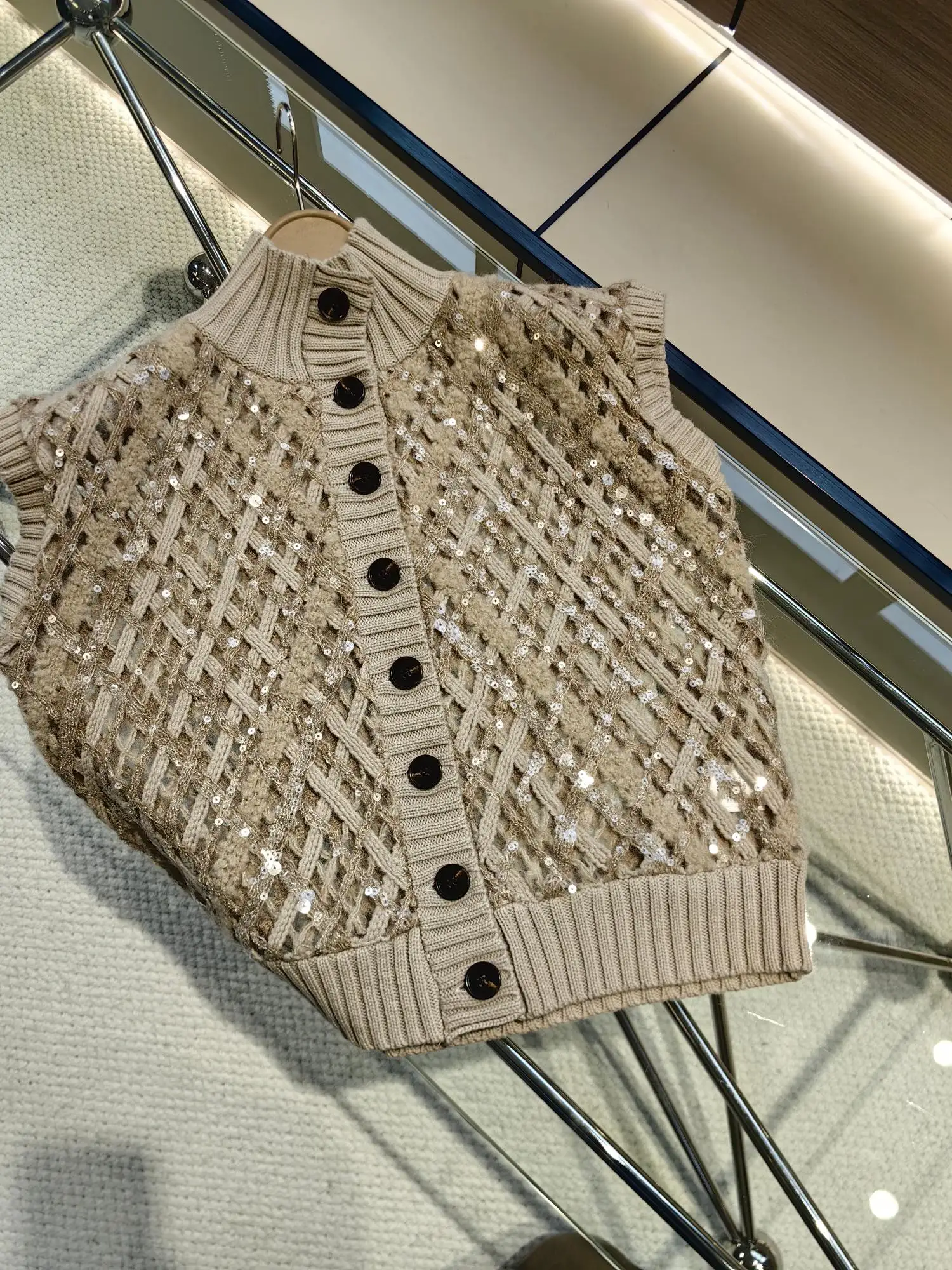 Cashmere Mohair Bblend Beads Sequins Hollow Hook Flower Vest Sweater Knitted Sweater For Women