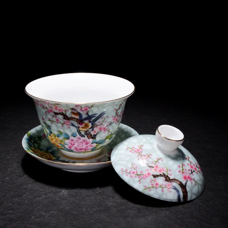 WSHYUFEI Jingdezhen Porcelain Art Bird Gaiwan Ceramic Flower Tea Bowl with Saucer Lid Kit Master Tea Tureen Drinkware Gift 180ml