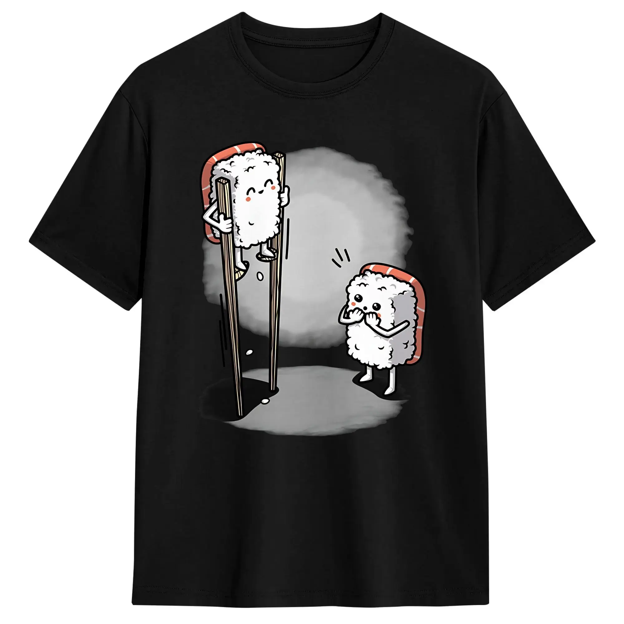 Printed Sushi in Chopsticks  T Shirt Men 100%Cotton Short Sleeve Sushi Wardrobe Round Neck Summer Top Tee