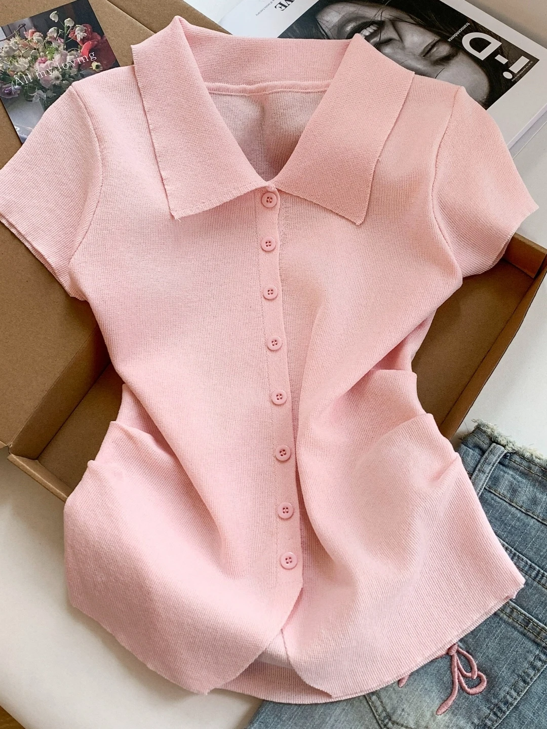 

Korean Style Neck Knitted Short Sleeve T-Shirt Women's Slim Fit Summer New Folded Top Quality Polyester Fiber Casual Wear