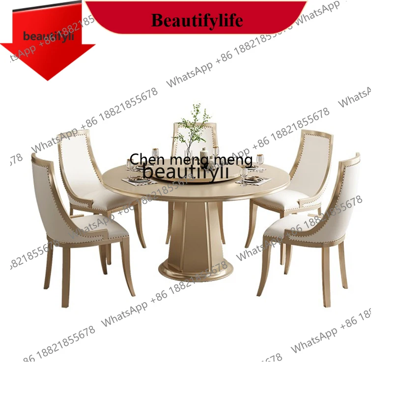z183 a55 American all-solid wood light luxury modern round leather dining table and chairs, simple luxury home dining table