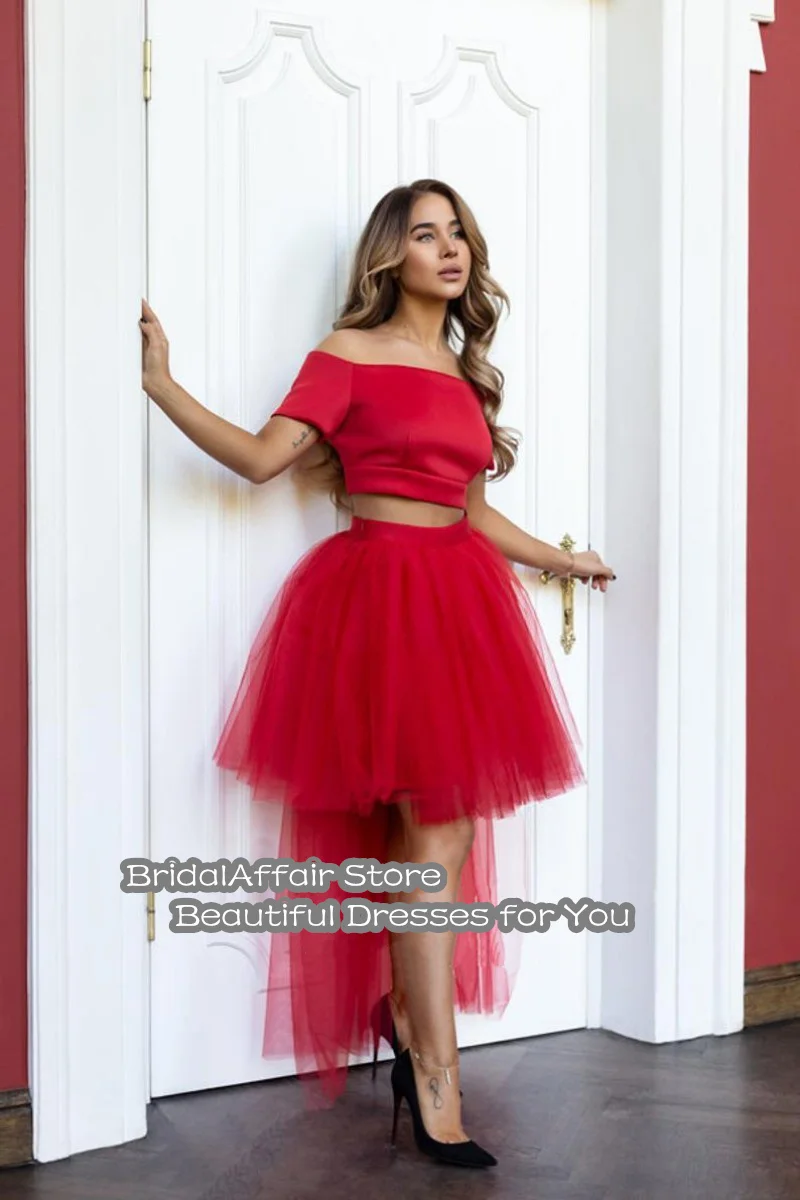 Two Piece Prom Dresses Strapless Short Sleeve High Low Evening Dresses Red Satin Tulle A-Line Celebrity Party Dress 2022