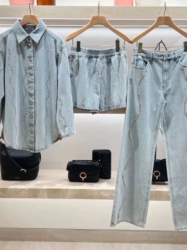 Faionable losse denim Jaet orts wijde pijpen broek set zware strass versierd lente zomer nieuwe collectie dameskleding