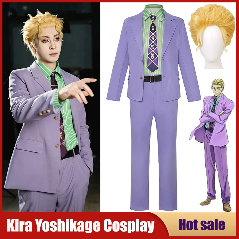 

Костюм для косплея Кира Йошикаге из аниме «Приключения», фиолетовый костюм: пальто, брюки, рубашка, галстук, пояс, униформа для мужчин на карнавал и вечеринку