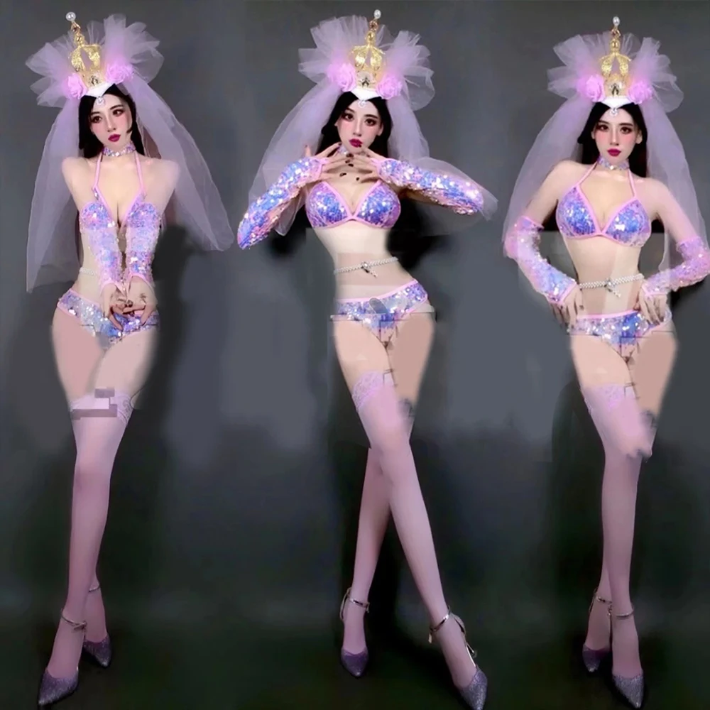 Gogo بار تظهر جو ازياء تظهر الدعائم الدانتيل غطاء الرأس ملهى ليلي بار بيكيني خوذة زي فساتين الحفلات ملابس مثيرة