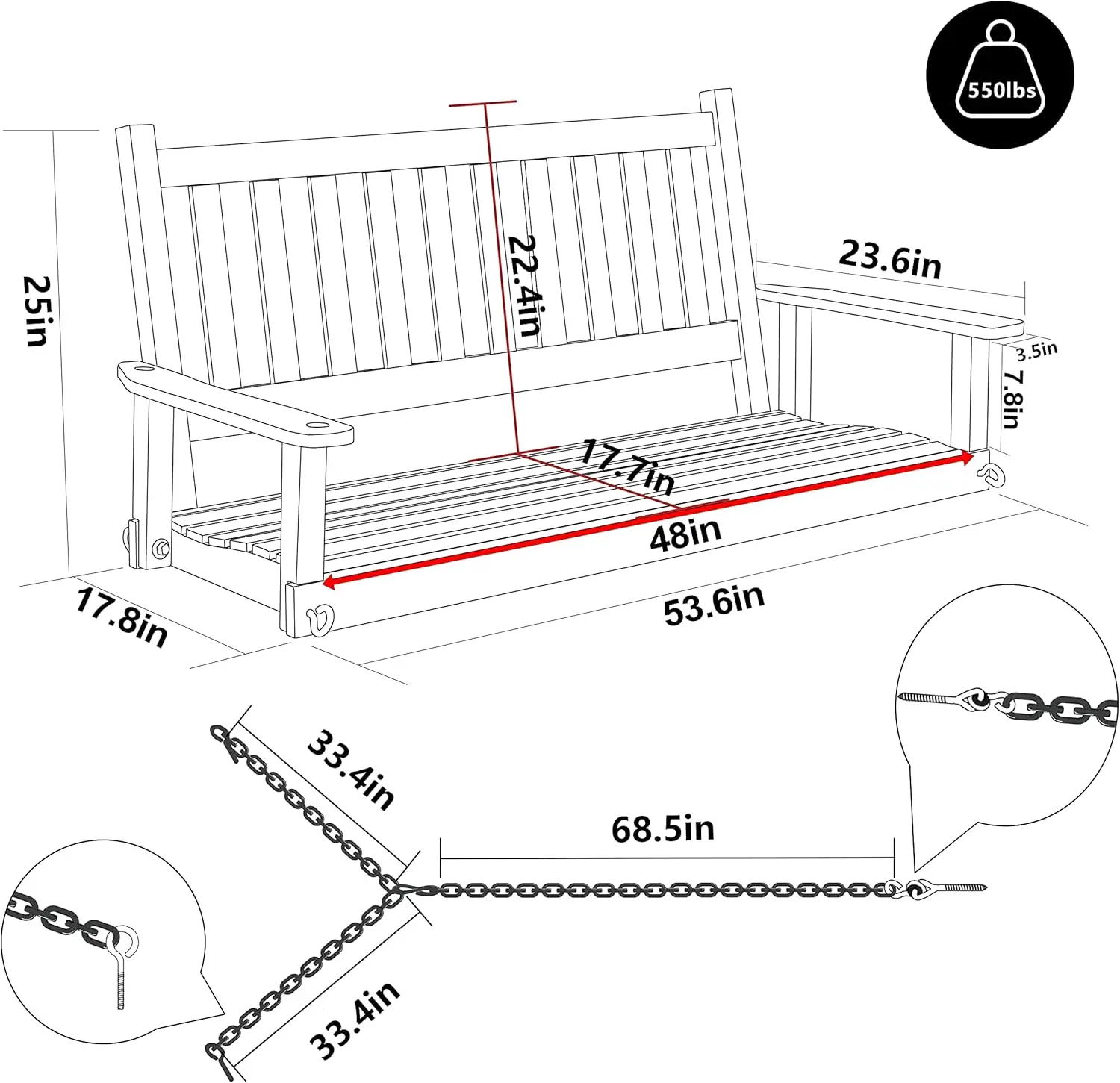 4 FT Wooden Outdoor Porch Swing,Heavy Duty 550lbs for Deck, Garden, Yard, Rustic