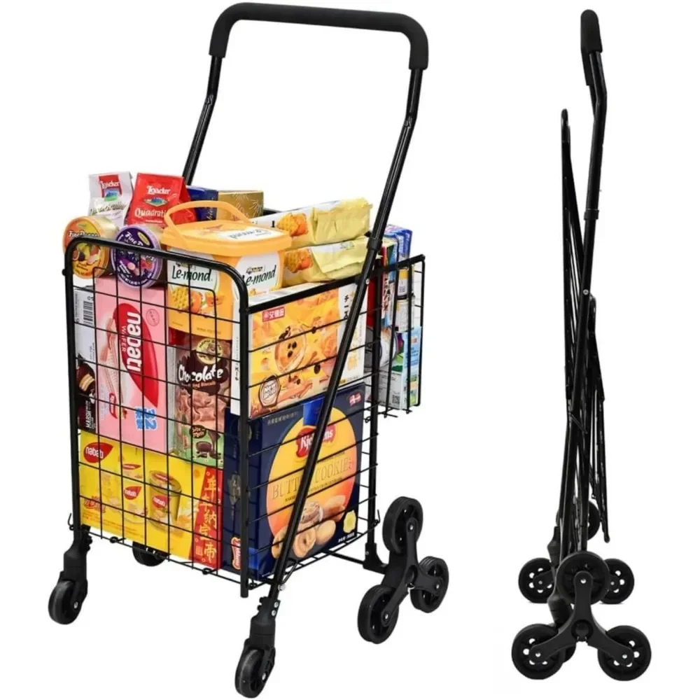 Grocery Shopping Cart with 360° Rolling Swivel Wheels Stair Climber Utility Cart Easily Collapsible Cart with Tri-Wheels