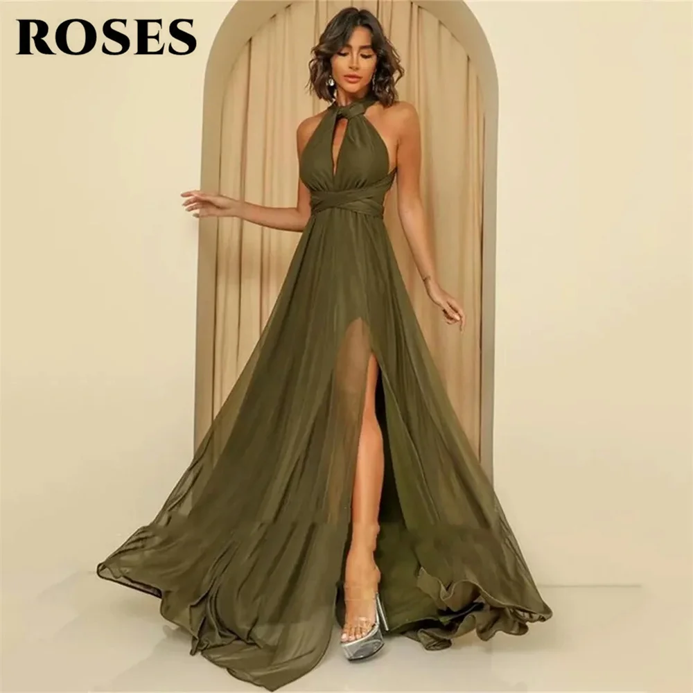 ROSES Modest Green Prom Dress Halter Chiffon Evening Dress Cross Backless Beach Party Dress Sexy Side High Split فستان سهرة