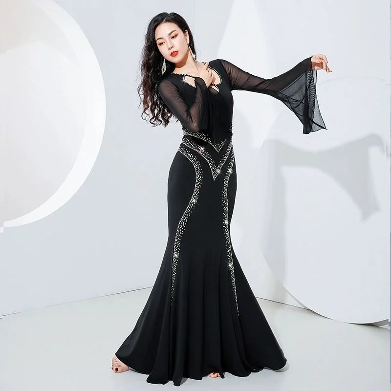 Women's Long Maxi Fishtail Skirt Belly Dance Dress Iraq Khaleeji Thobe Kawleeya Beledi Sequins Costume Saidi Perfformance Suit