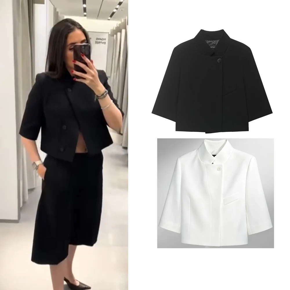 Blazer Corto Nero da Donna, Nuova Collezione Primavera, Monopetto, Maniche a 5 Punti, Top con Spalline, Capospalla da Strada