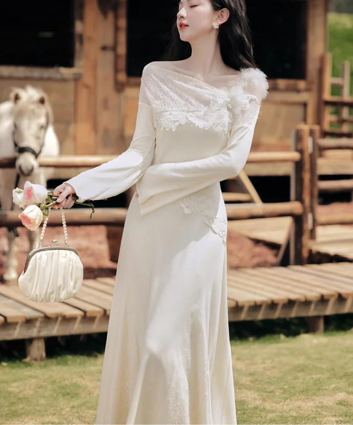 Elegante abito da principessa a coda di pesce a maniche lunghe in pizzo con scollo a barchetta sexy Moda a vita alta A-line Abiti da festa sottili versatili color albicocca