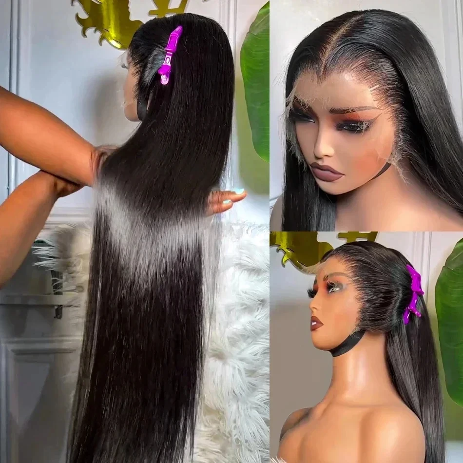 Peluca de cabello humano liso de 13x6 para mujer, postizo de encaje Frontal transparente, pelo brasileño 100% negro, 30 y 40 pulgadas, barato a la venta