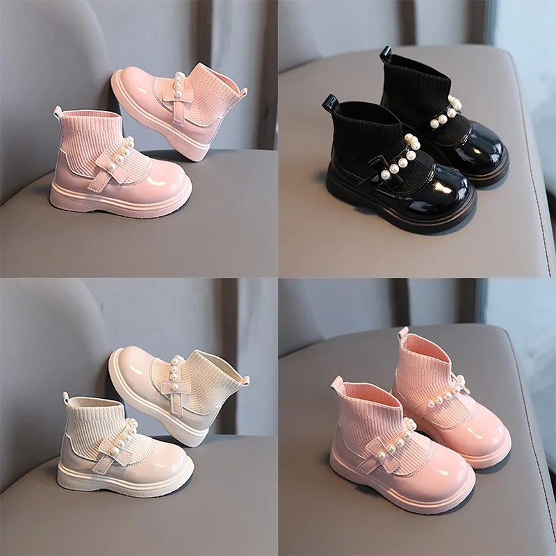 Girls Princess Boots Autumn Children Thin Cashmere Lined Sock Shoes Toddler Fashion Beading Leather Boots Non-Slip Casual Shoes