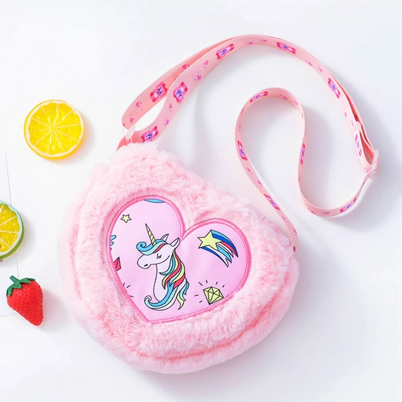 Mini Heart Shape Unicorn Soft Plush Bag Women Girls Dye Shoulder Bag Purse Children Kids Handbag Winter Furry Fur Clutch Totes