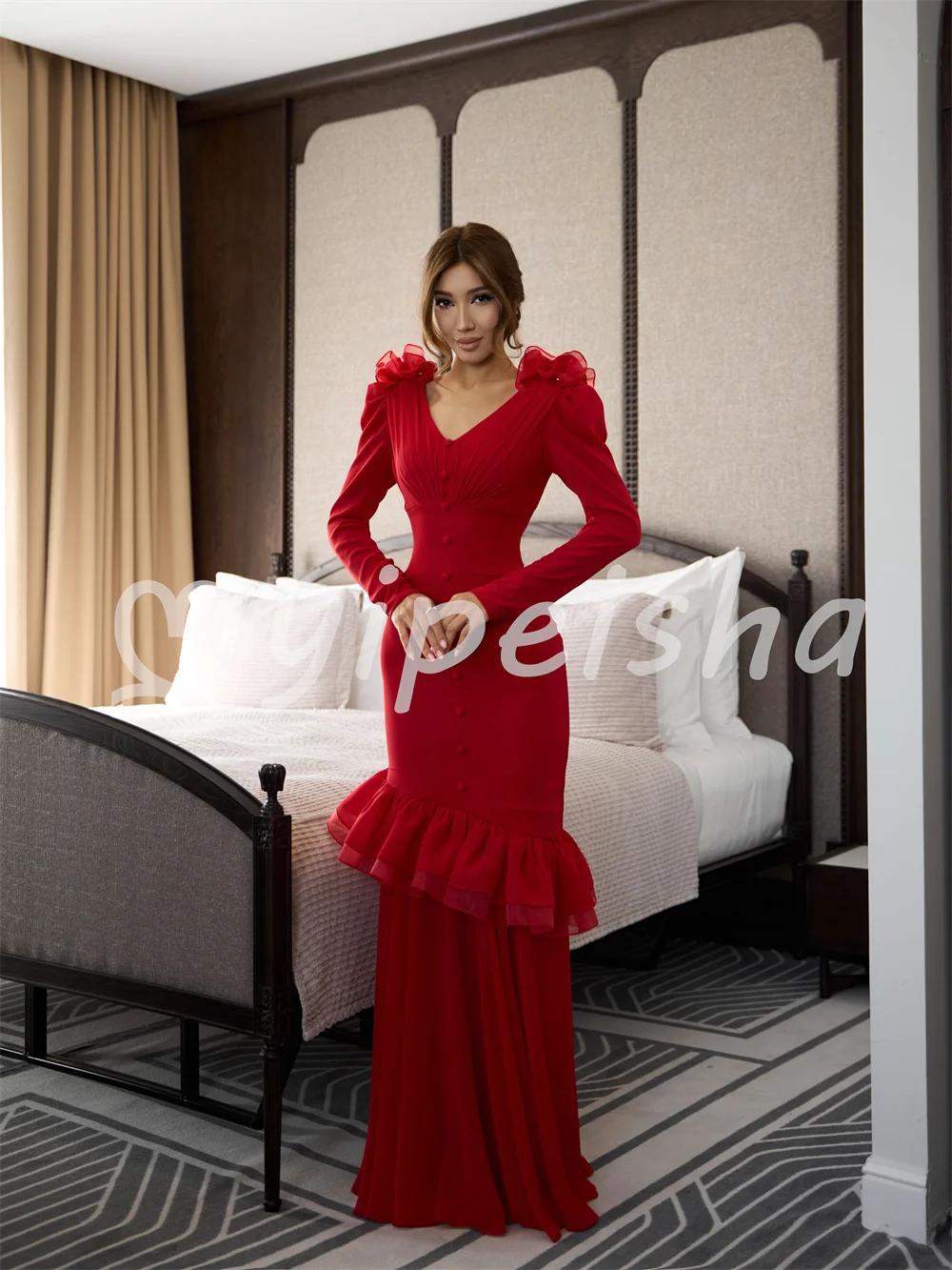 Red Simple Formal Jersey Button Pleat TieredHandmade Flower Mermaid V-neck Floor-Length Evening Dresses Party Gowns Customized