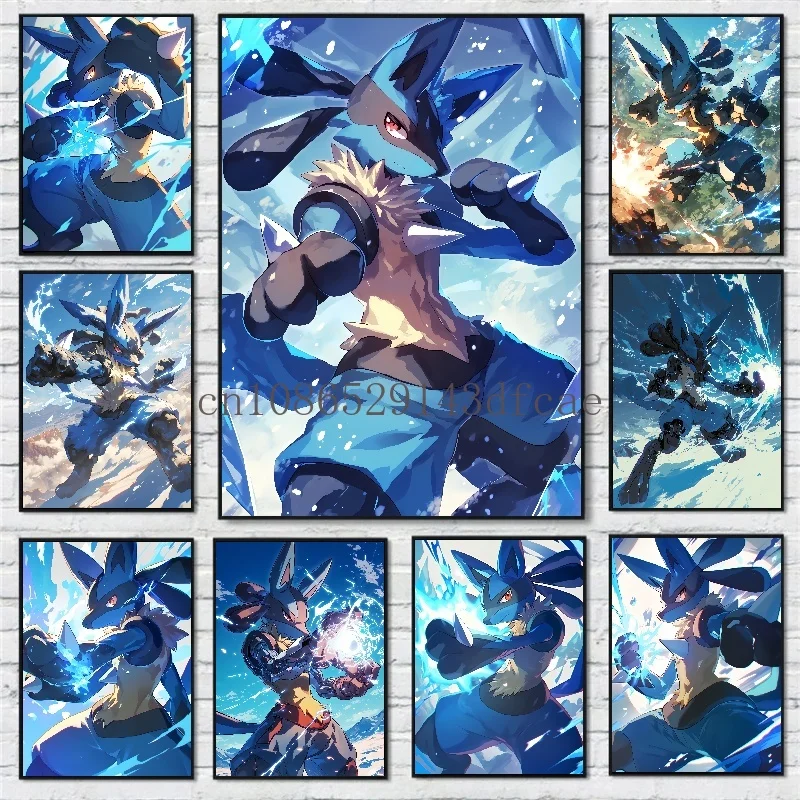 Hd pintura em tela clássico pokemon anime figuras lucario cartaz impressão aquarela arte da parede imagem moderna decoração de casa crianças presentes