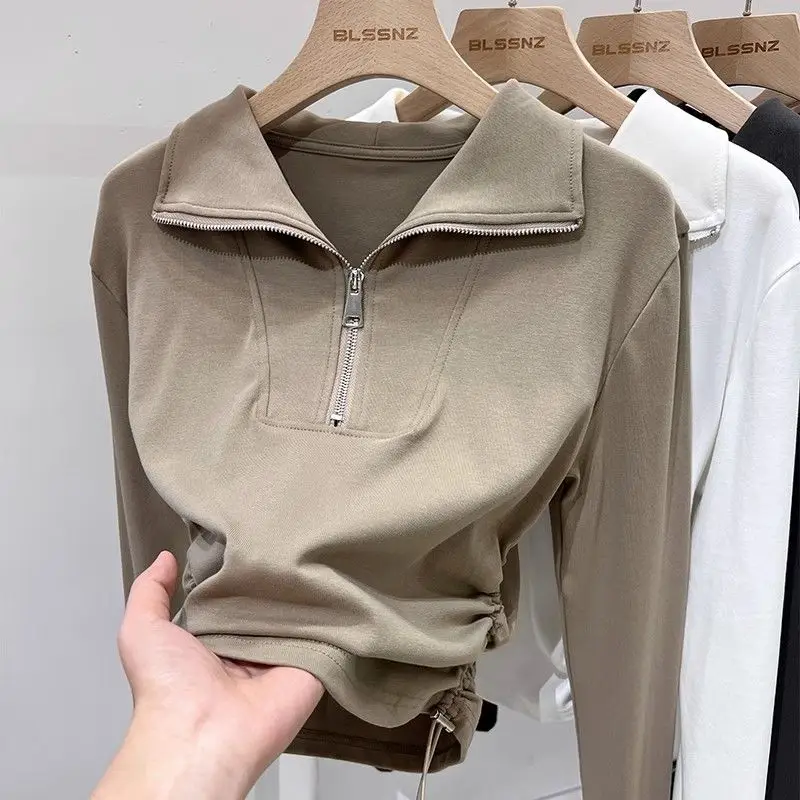 Autumn Polo Neck Half Zip Drawstring Bottom Shirt Short Top