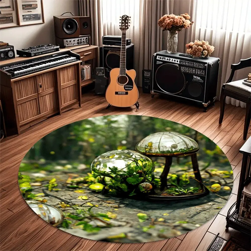 Nature Glass Terrarium Round Area Rug, Eco Garden Botanical Pattern Circular Floor Mat for Living Room Bedroom Home Decor