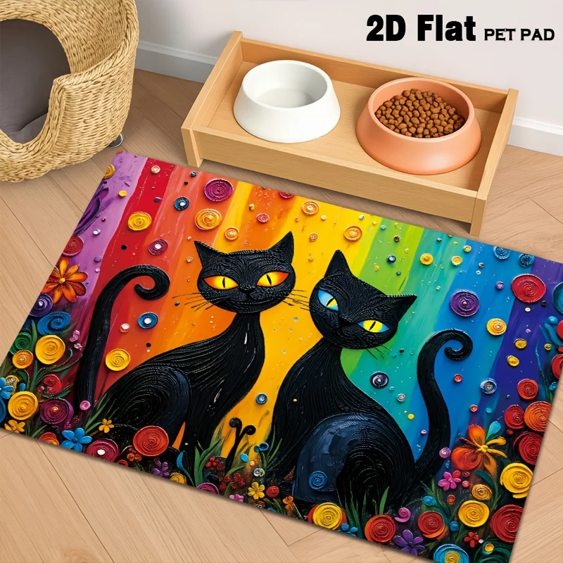 1pc 2D Flat Black Cats Rainbow Abstract Art Flannel Area Rug Non Slip Pet Lover Carpet For Living Room Bedroom Floor Decor