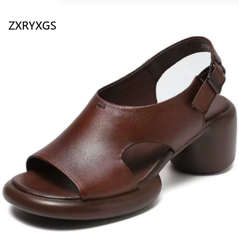 

ZXRYXGS Retro Style Versatile Elegant Superior Cowhide Fish Mouth Sandals 2025 New Summer Women High Heeled Sandals Trendy Shoes