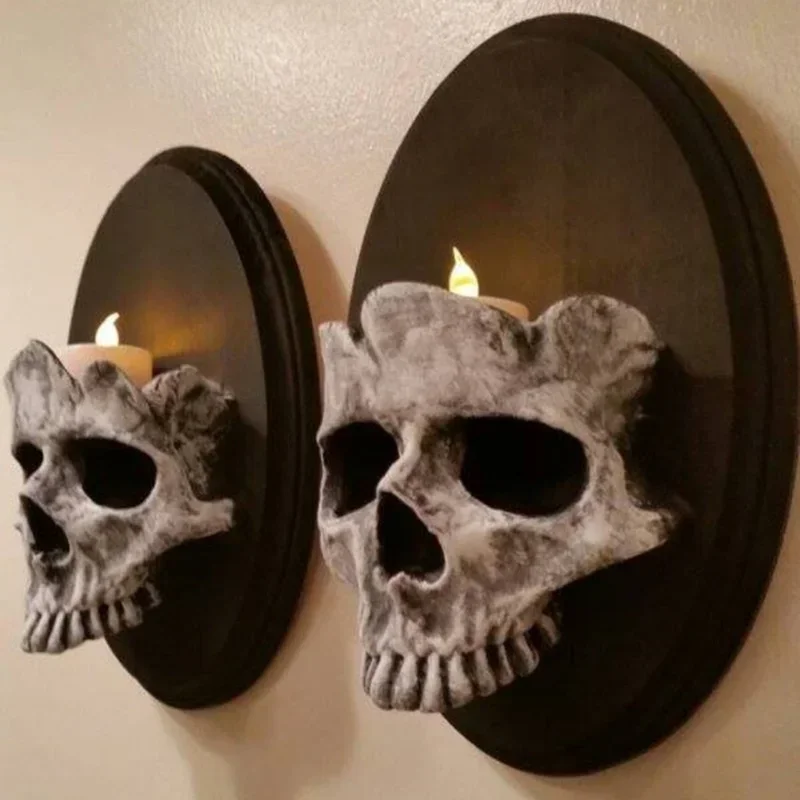 Halloween Skull Head Candle Holder Scary Skeleton Head Wall Mounted Candle Sconce Home Bar Restaurant Decorative Candlestick