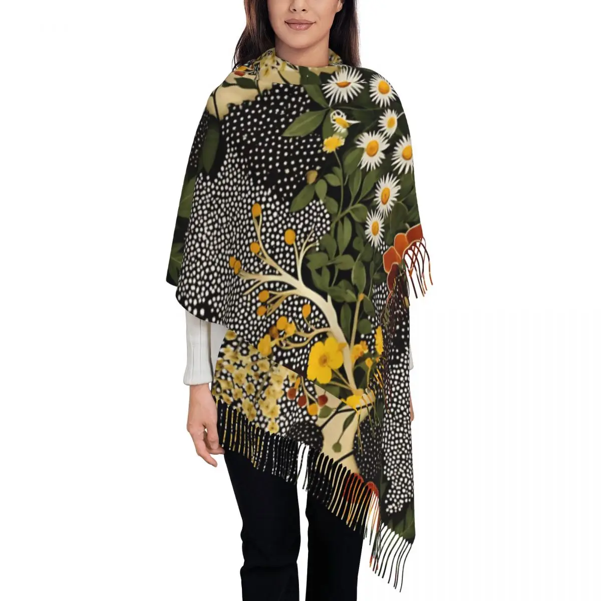 Women's Scarf with Tassel Yayoi Kusama Floral Daisies Single-sided Pattern Soft Warm Shawl Wrap Daily Wear Cashmere Scarf