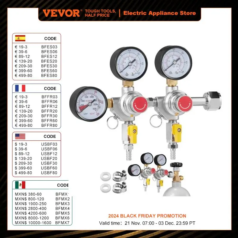 VEVOR CO2 Regulator Dual Triple Gauges with Check Valve Draft Beer Keg Homebrew CGA320 for Beer dispenser Home Bar Use