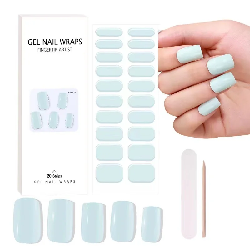 Pure Kleur Semi-Uitgeharde Gel Nagelstickers 20Tips Uv/Led Baklamp Gel Nagellak Wraps Glitter Volledige Cover Gel Sticker Manicure