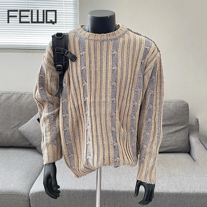 FEWQ American Style Men's Sweaters Round Collar Worn-out Contrast Color Loose Pullover Knitting Male Tops New Winter 24K1208