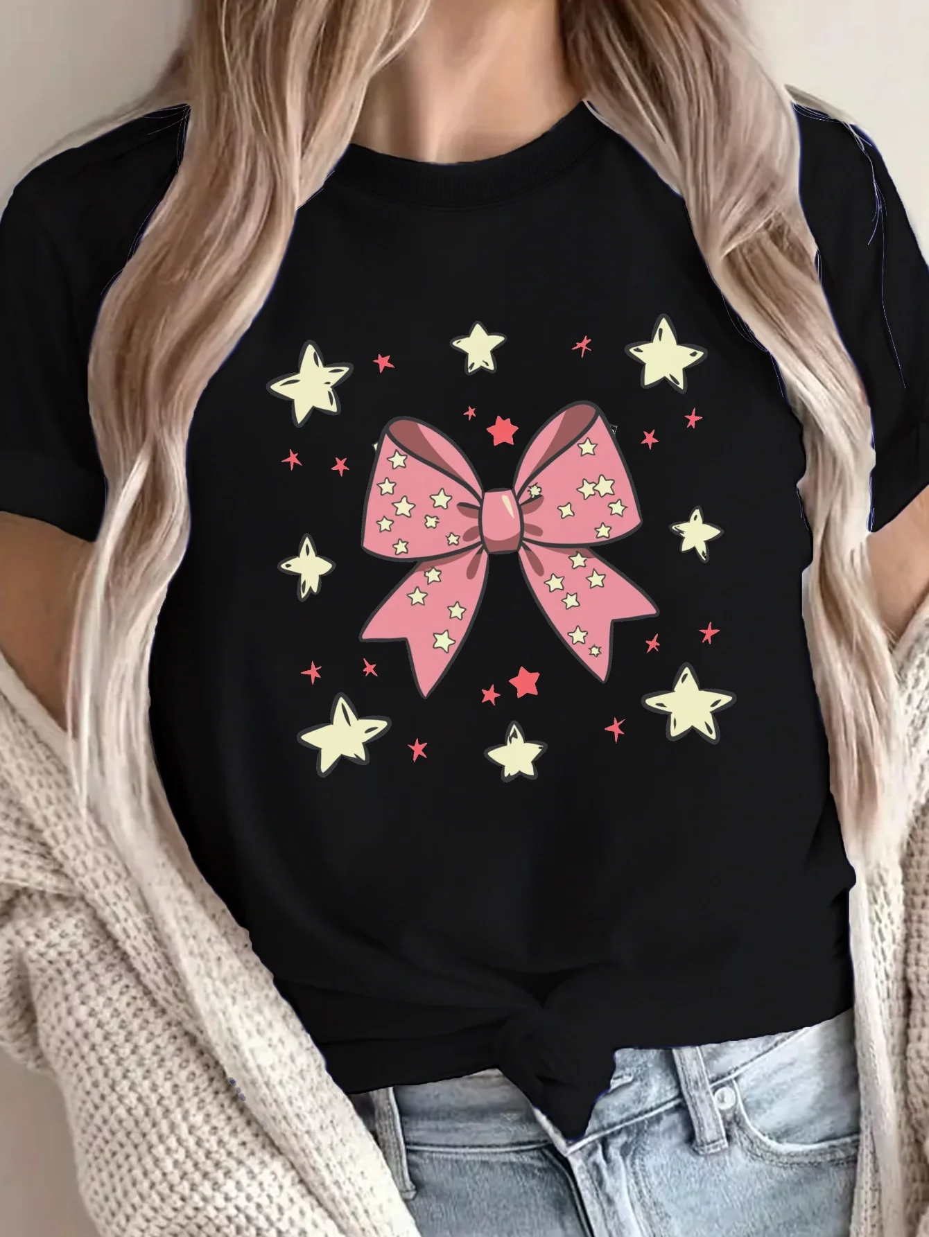 

Pink Bow & Star Print T-shirt Women's Harajuku Short Sleeve Casual Women's T-shirt Clothing Street Tops Tees Aesthetic Clothes