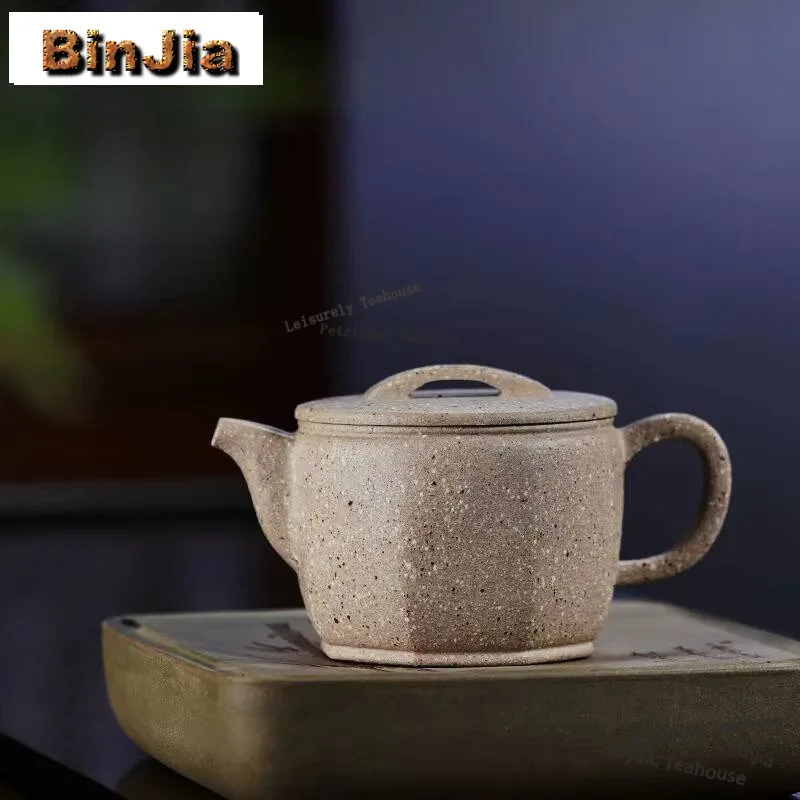 

270ml Yixing Purple Clay Teapot Handmade Hexagonal Large Caliber Pot Raw Ore Coarse Sand White Jade Segment Mud Kettle Zisha Tea
