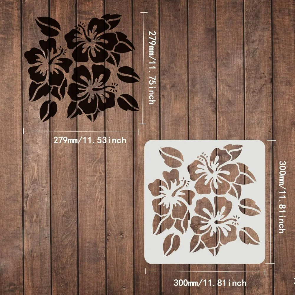 Hibiscus Flowers Stencil 11.8x11.8 inch Hawaii Flower Stencil Reusable Square Flowers Leaf Plant Washable DIY Stencil Template