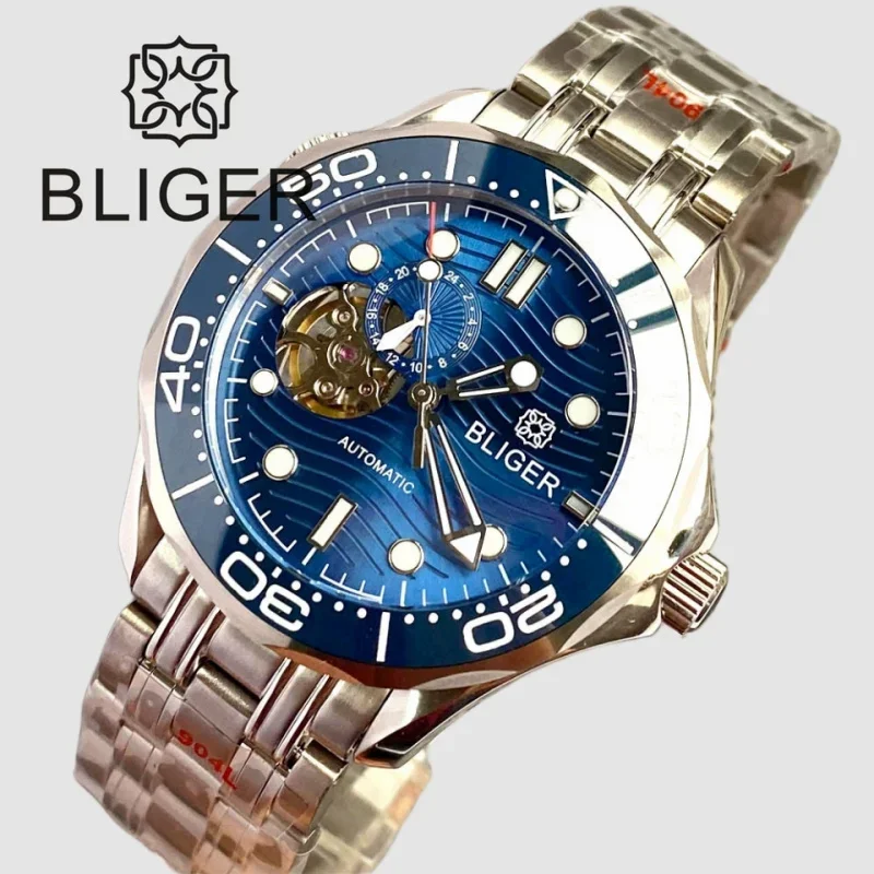 BLIGER 41MM NH39 24 Jewel Automatic Mechanical Man Watch Blue/Black Dial Green LuminousSapphire Glass Ceramic Bezel Screw