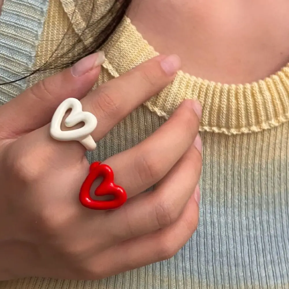 Cute Y2K Enamel Heart Ring Chunky Jewelry Alloy Dripping Oil Finger Buckle Korean Style Minority Design Geometric Ring Women