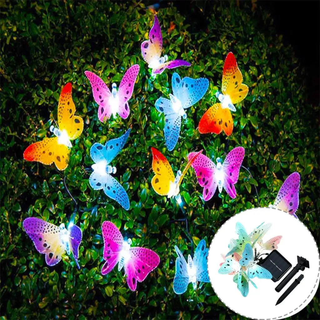 Butterfly Solar String Lights 12 LED Fiber Optic Butterflies Fairy Lamp Waterproof Decoration For Bedroom Yard Garden Lawn Patio