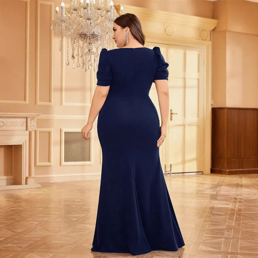 Plus Size Navy V Neck Puff Short Sleeve Floral Beaded Waist Mermaid Maxi Dress Solid Stretch Formal Mother of Bride Evening view 2