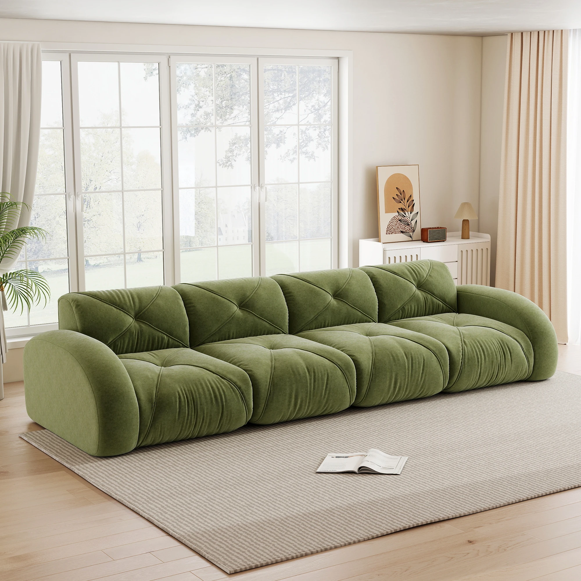 Sofá Modular de 4 Plazas Sin Marco, Diseño Flexible y Cómodo con Tapizado Suave en Chenilla Verde para Salón
