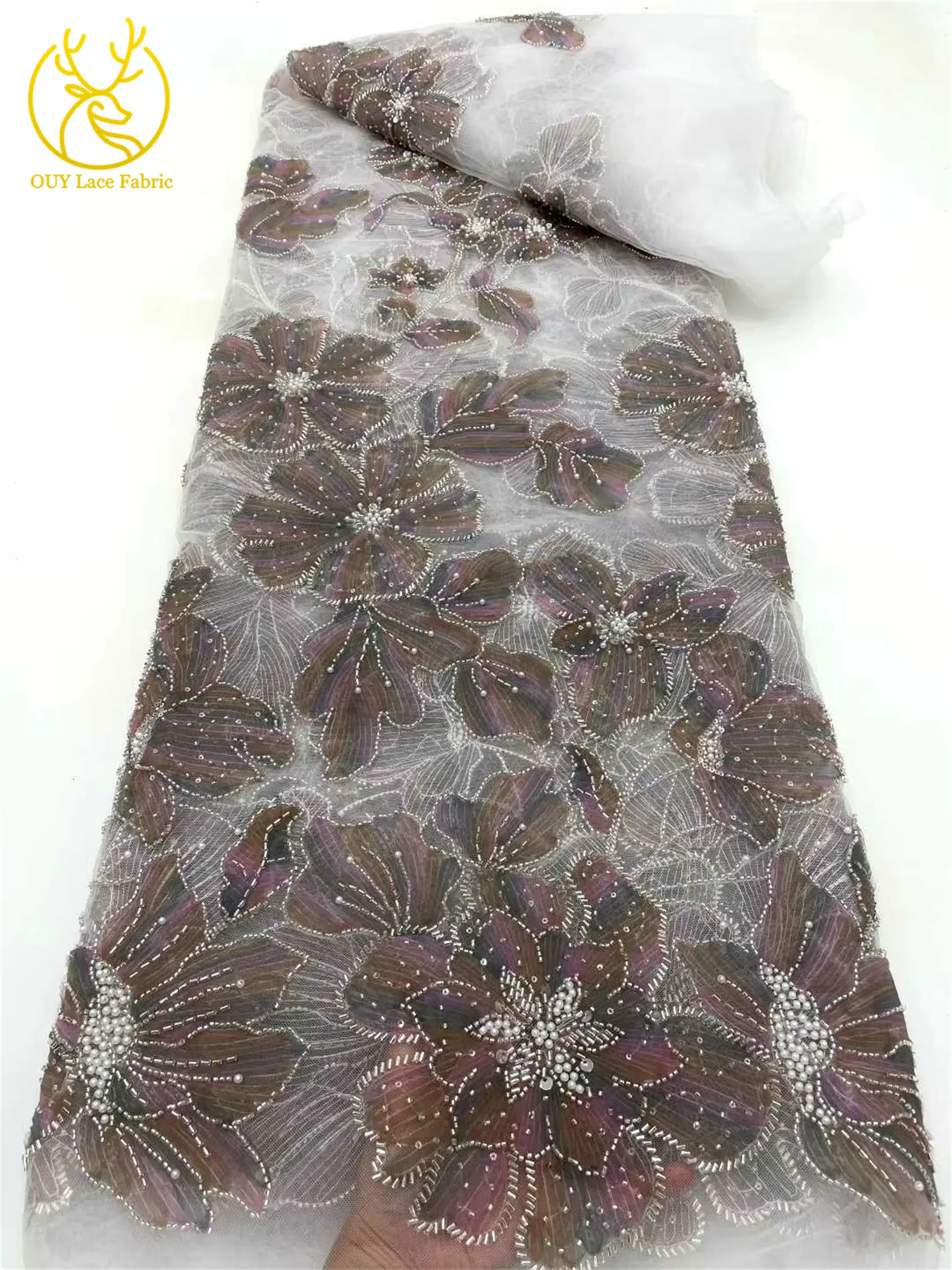 Elegant Nigerian African Beaded Lace Fabric 2025 French Sequins Embroidered Flower African Lace Fabric for Sewing Dresses