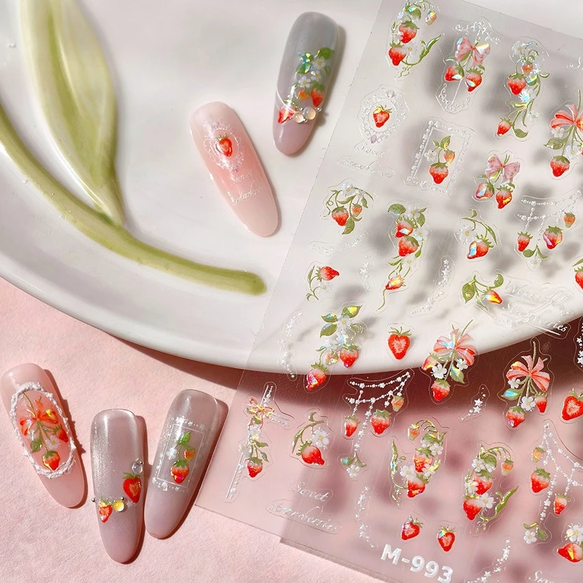 Morango retro renda borda flor adorável fruta pérola pingente folhas auto adesivo arte do prego adesivos manicure decalque atacado