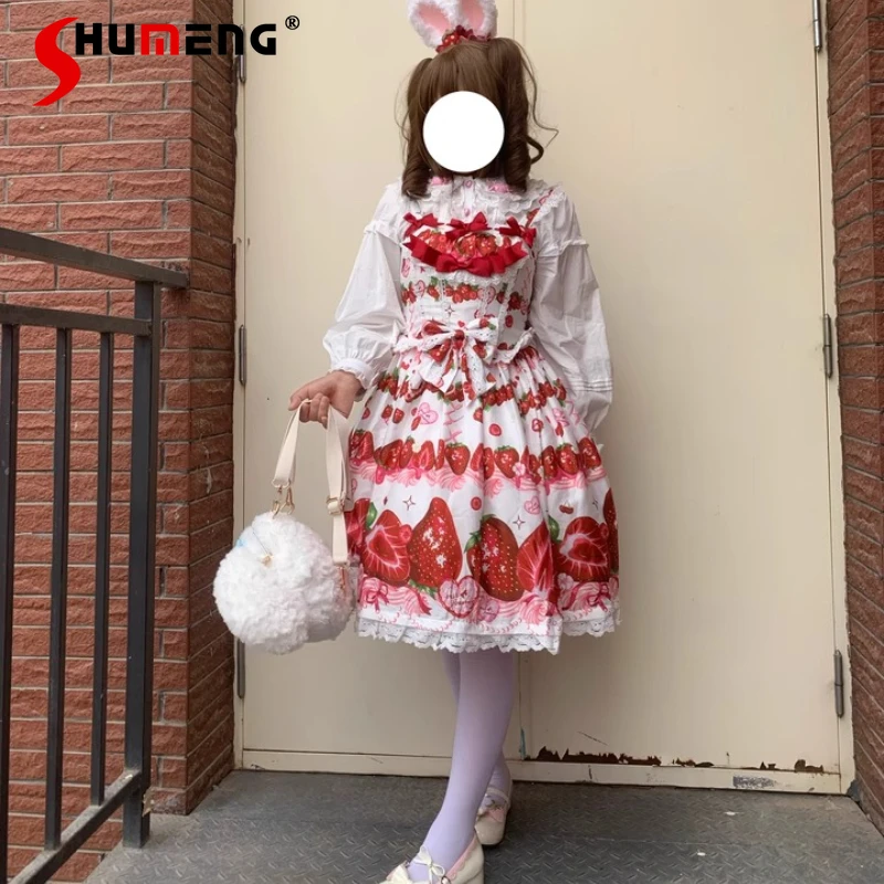 

Original Design Japanese Sweet Cute Lolita JSK Sling Dress Lace Splicing Lace-up Bow High Waist Slim Fit Print Short Dress Women