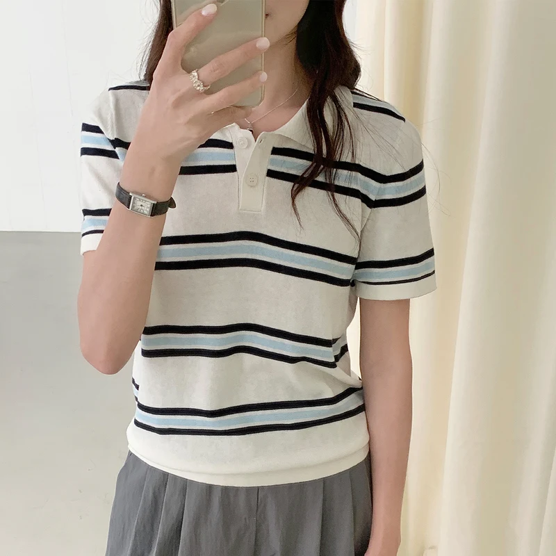 Summer 100% cotton women's T-shirt casual striped knit pullover short sleeved l… - Image 3