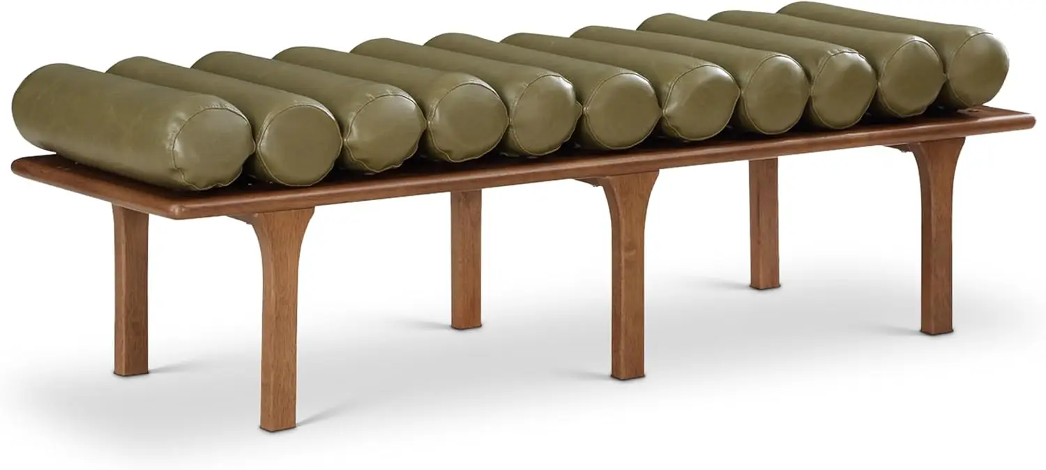 Banco Art Déco de la colección Olive Landon, muebles 22009, cuero vegano verde oliva Vintage suave y madera maciza