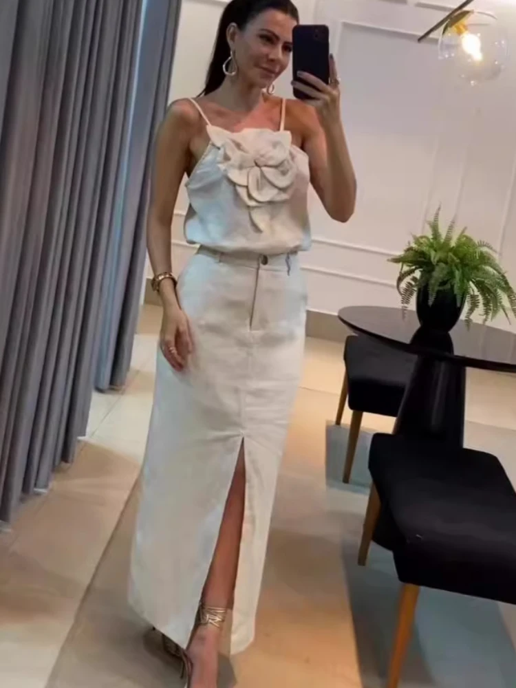 Women Two Piece Skirt Sets Solid Suspenders Sleeveless Spliced Elegant Split Long Skirts A Line High Waist Summer 2024