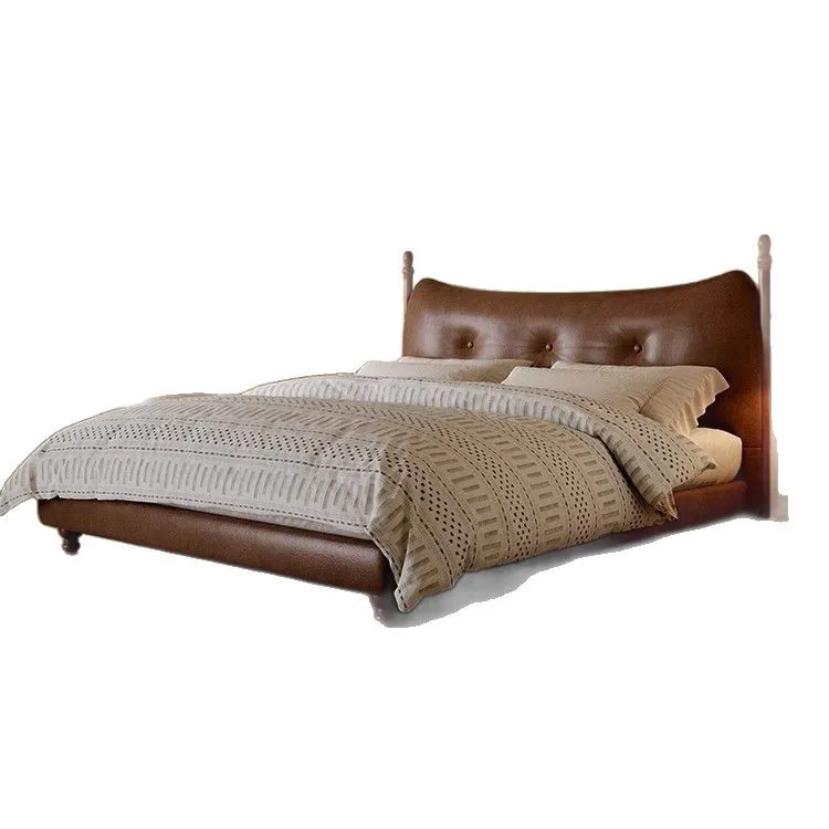 

Retro leather suspension bed solid wood small apartment master bedroom double bed