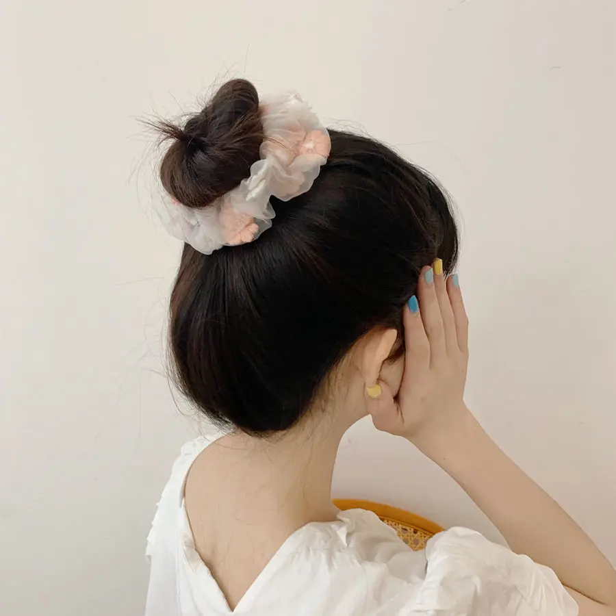 

Fashion Embroidery Hair Bands Silk Hair Rope Oversized Floral Headwear Scrunchie Hairs Accessories Net Yarn Elastic Hair Ties