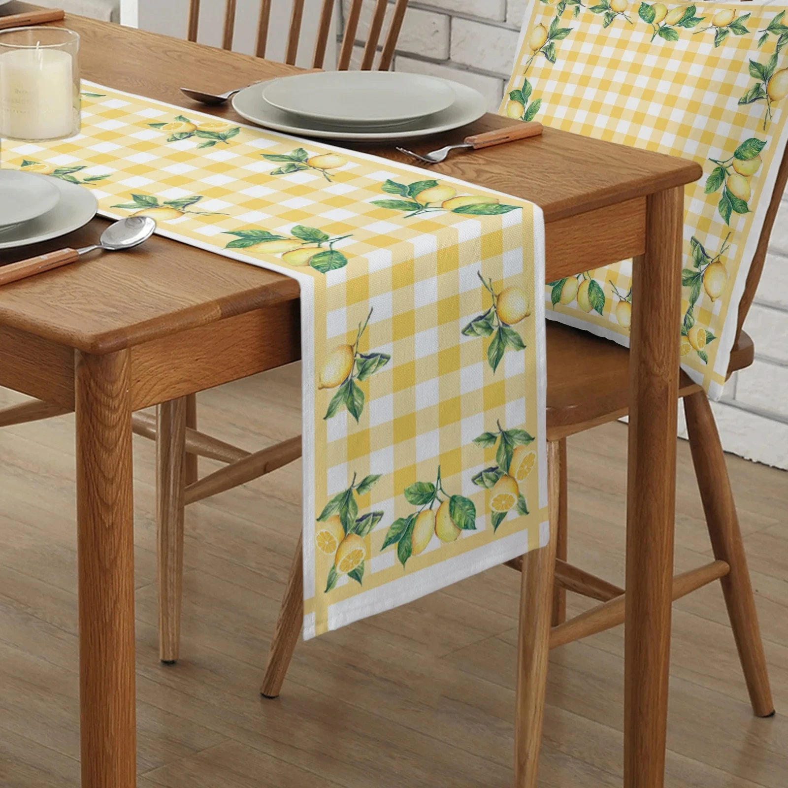 Summer Lemon Leaf Buffalo Plaid Linen Table Runner Party Decor Yellow Lemon Theme Kitchen Dining Table Runners Home Decorations