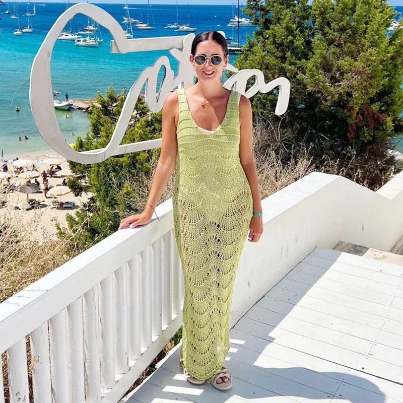 

New Womens Beach Skirt Knitted Hollow Low Cut Solid Fit Sexy Beach Dress Women