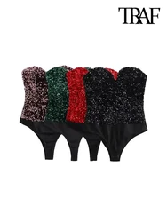 TRAF-Strapless Sequin Bodysuits for Women, Backless Bodysuits, Sweetheart Neck, Female Playsuits, Sexy Fashion